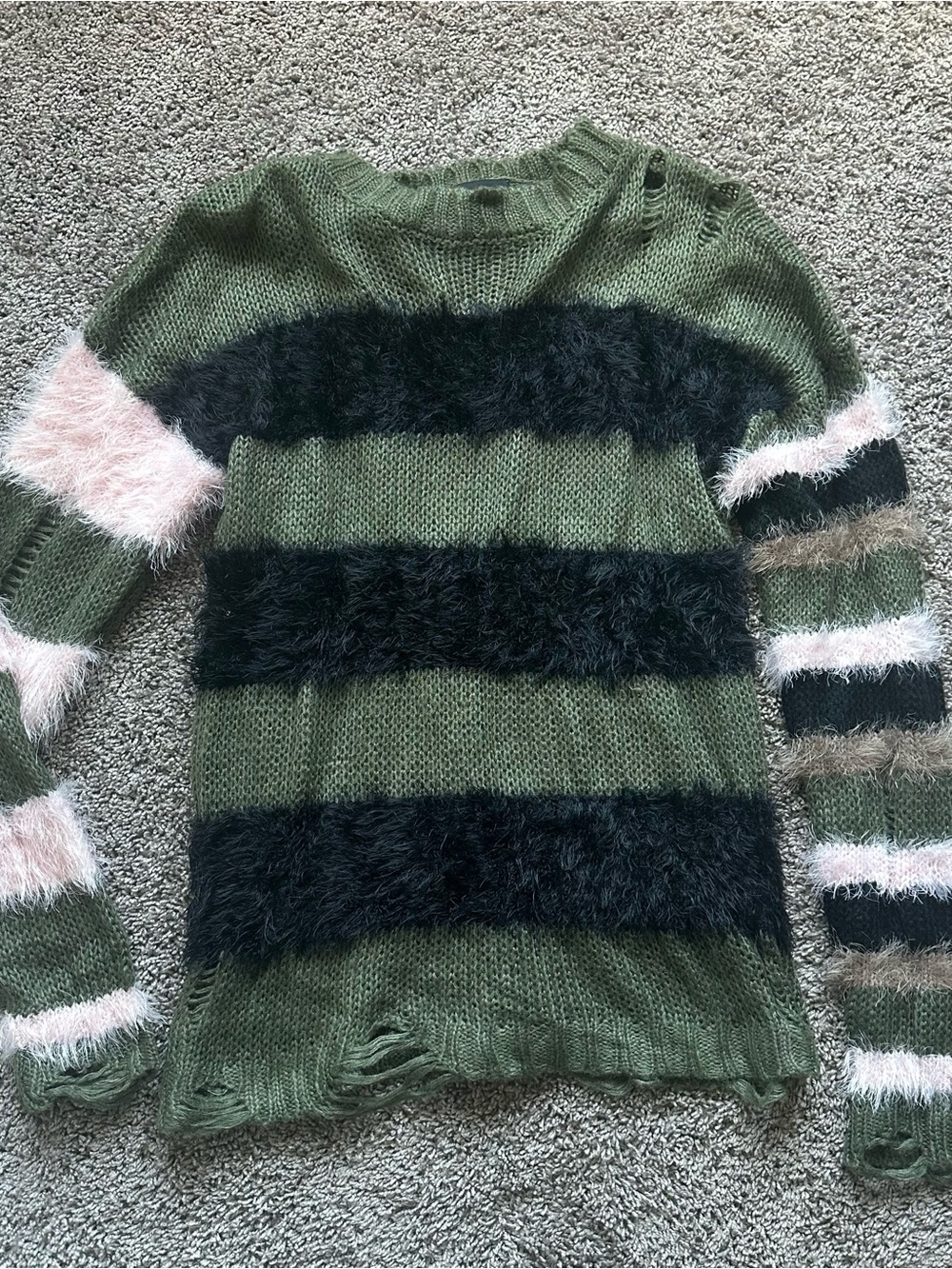 Women’s Olive Green Striped Fuzzy Knit Sweater